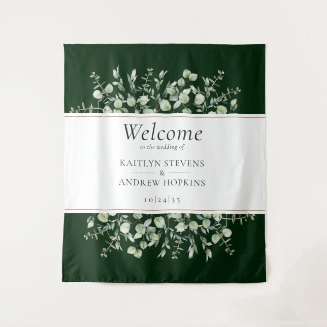 Dark Green Eucalyptus Wedding Welcome  Tapestry (Front)