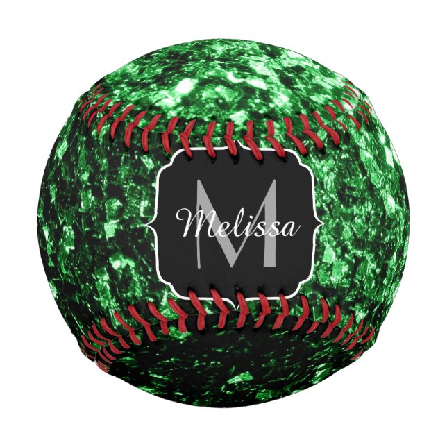 Dark green faux glitter sparkle Monogram name Baseball (Front)