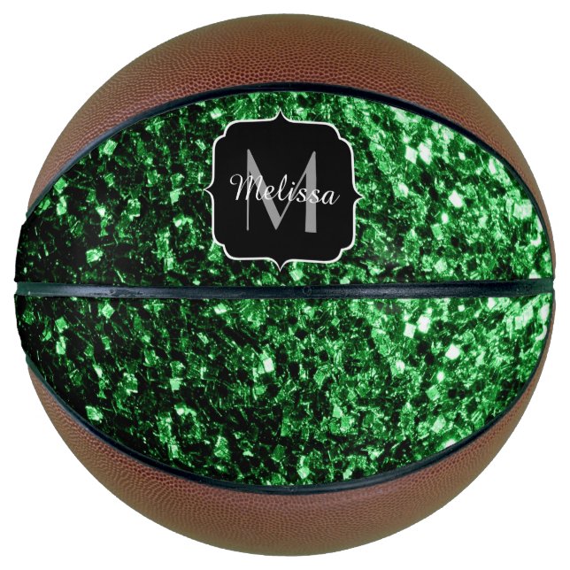 Dark green faux glitter sparkle Monogram name Basketball (Front)