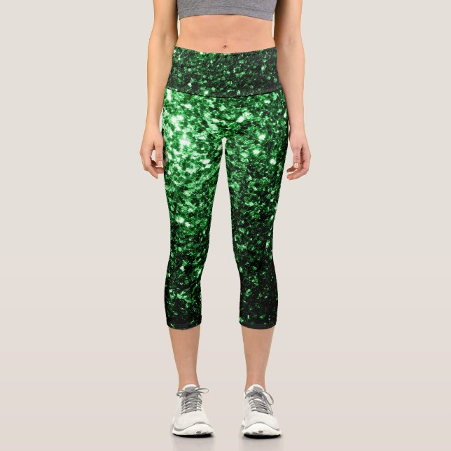 Dark green faux glitter sparkles capri leggings (Front)