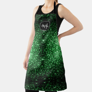 Dark green faux glitter sparkles Monogram Apron