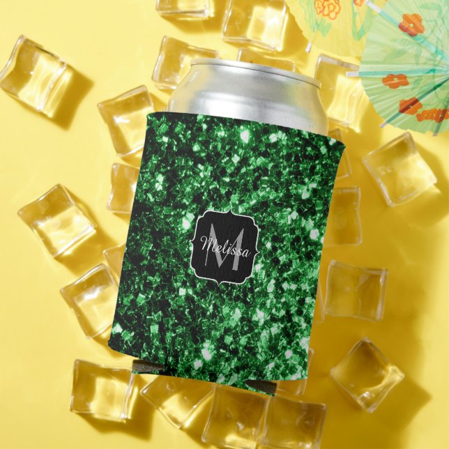 Dark green faux glitter sparkles Monogram Can Cooler (In Situ Summer)