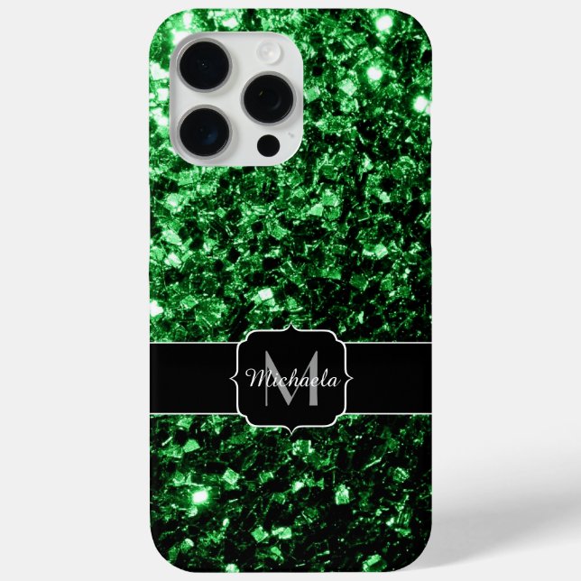 Dark green faux glitter sparkles Monogram Case-Mate iPhone Case (Back)