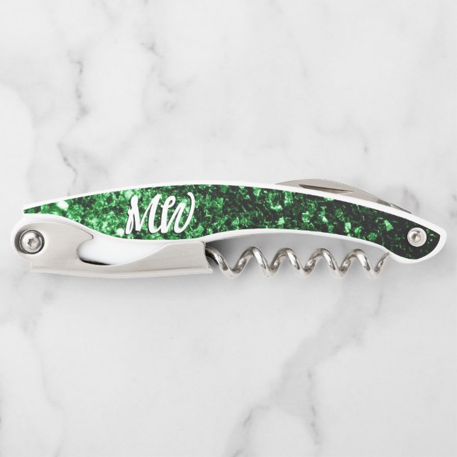 Dark green faux glitter sparkles Monogram Corkscrew (Front)