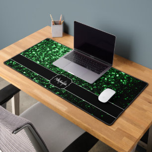 Dark green faux glitter sparkles Monogram Desk Mat