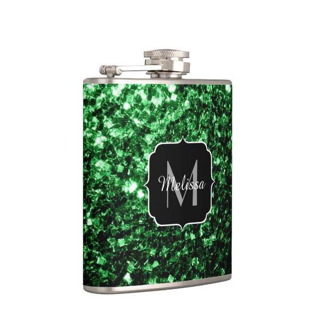 Dark green faux glitter sparkles Monogram Hip Flask (Right)