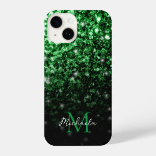 Dark green faux glitter sparkles Monogram iPhone 14 Case