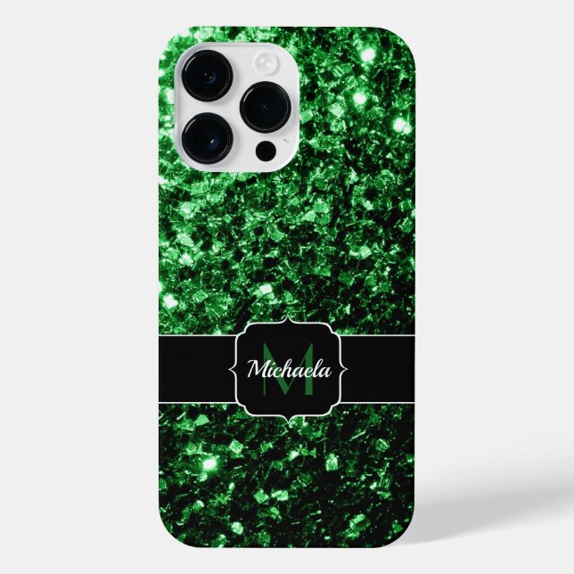 Dark green faux glitter sparkles Monogram iPhone Case (Back)