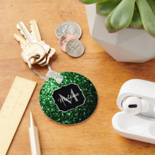 Dark green faux glitter sparkles Monogram Key Ring