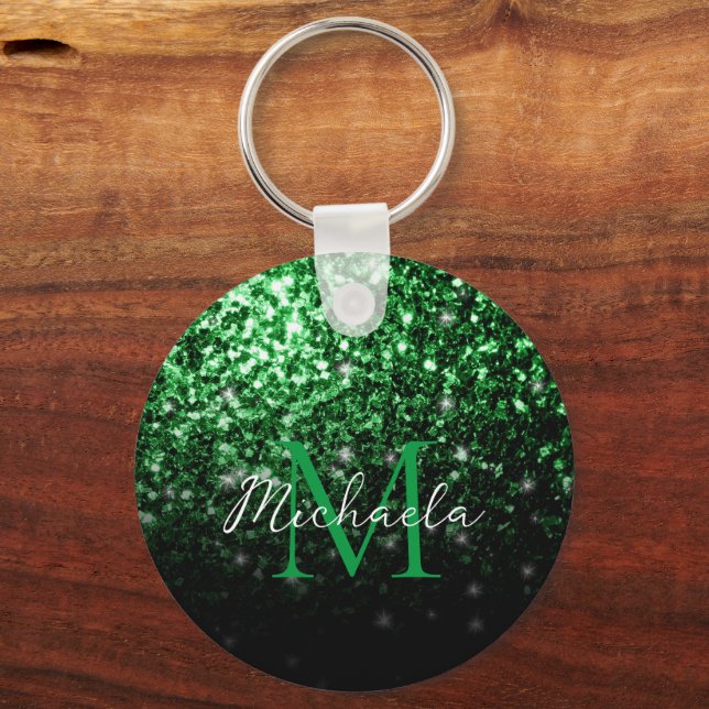 Dark green faux glitter sparkles Monogram Key Ring (Front)