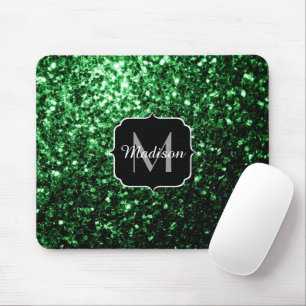 Dark green faux glitter sparkles Monogram Mouse Mat
