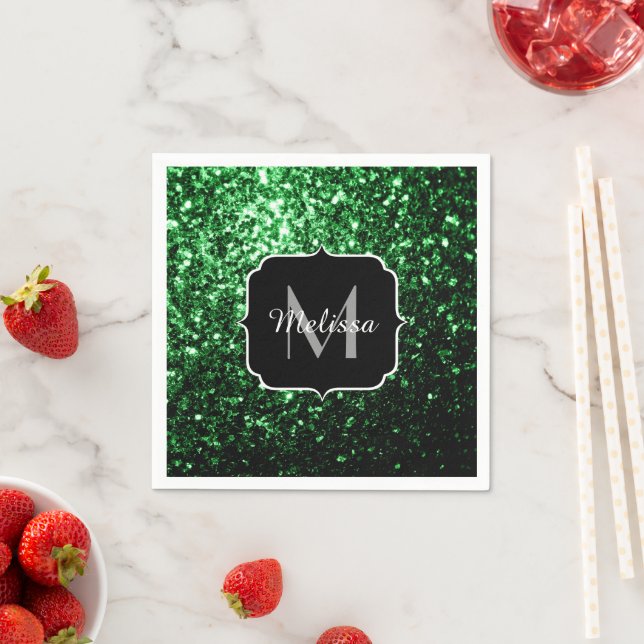 Dark green faux glitter sparkles Monogram Napkin (Insitu)