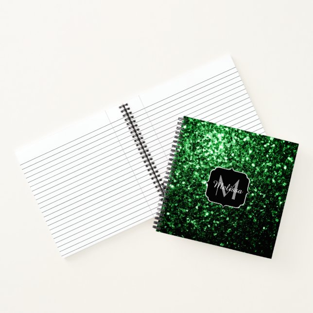 Dark green faux glitter sparkles Monogram Notebook (Inside)