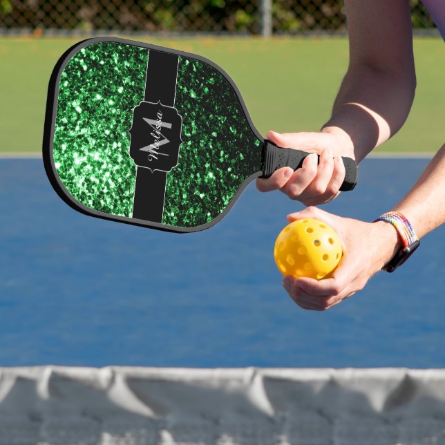 Dark green faux glitter sparkles Monogram Pickleball Paddle (Insitu)