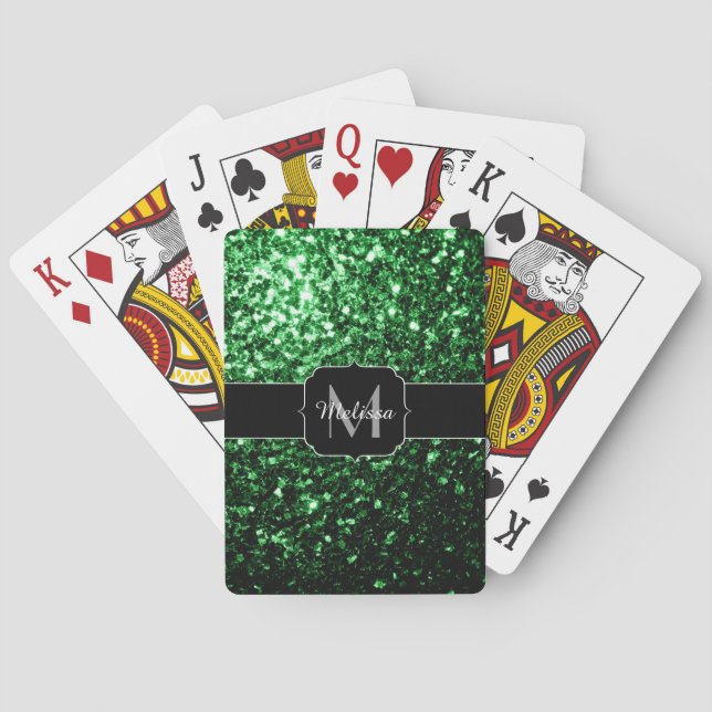 Dark green faux glitter sparkles Monogram Playing Cards (Back)