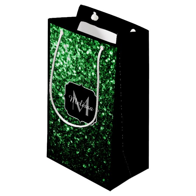 Dark green faux glitter sparkles Monogram Small Gift Bag (Front Angled)