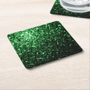 Dark green faux glitter sparkles square paper coaster