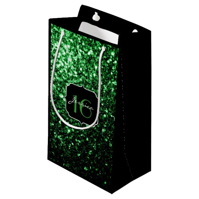Dark green faux glitter sparkles Sweet 16 Small Gift Bag (Front Angled)
