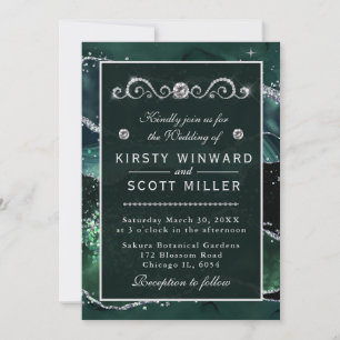 Dark Green & Faux Silver Glitter Agate Wedding Invitation
