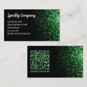 Dark green faux sparkle black elegant QR code Business Card