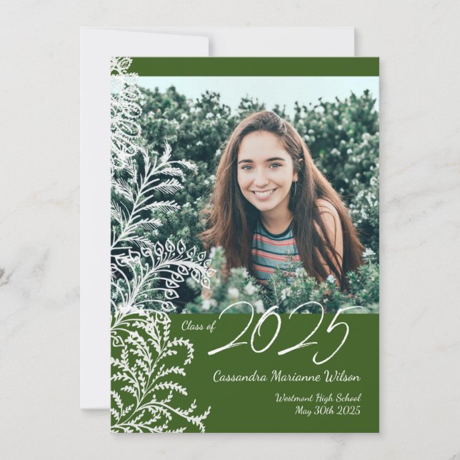 Dark Green Fern Vintage Photo Graduation Invitation (Front)