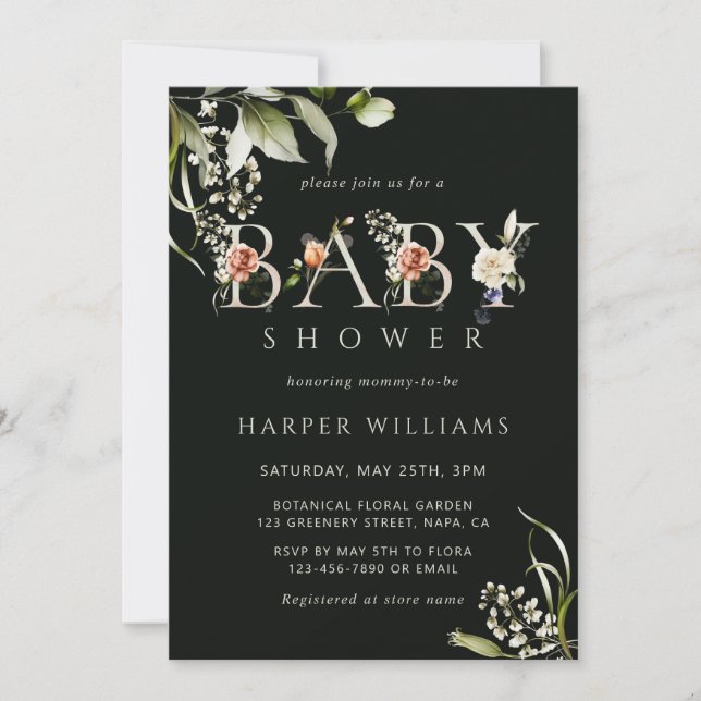 Dark Green Floral Botanical Letter Baby Shower Invitation (Front)