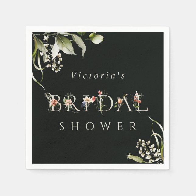 Dark Green Floral Botanical Letter Bridal Shower  Napkin (Front)
