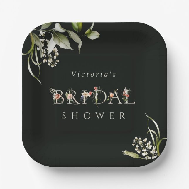 Dark Green Floral Botanical Letter Bridal Shower Paper Plate (Front)