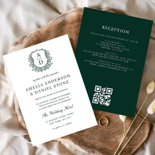Dark Green Floral Crest Monogram Wedding QR Code Invitation