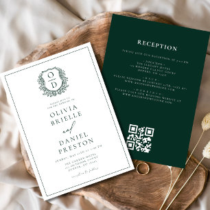 Dark Green Floral Crest Monogram Wedding QR Code Invitation