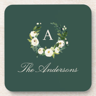 Dark Green Floral Wreath Family Monogram Coaster