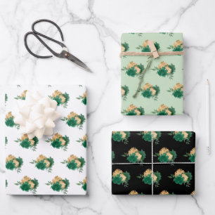 Dark Green Flowers and Greenery Pattern Wrapping Paper Sheet