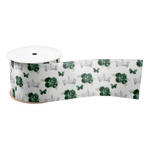 Dark Green Flowers and Silver Crowns Satin Ribbon