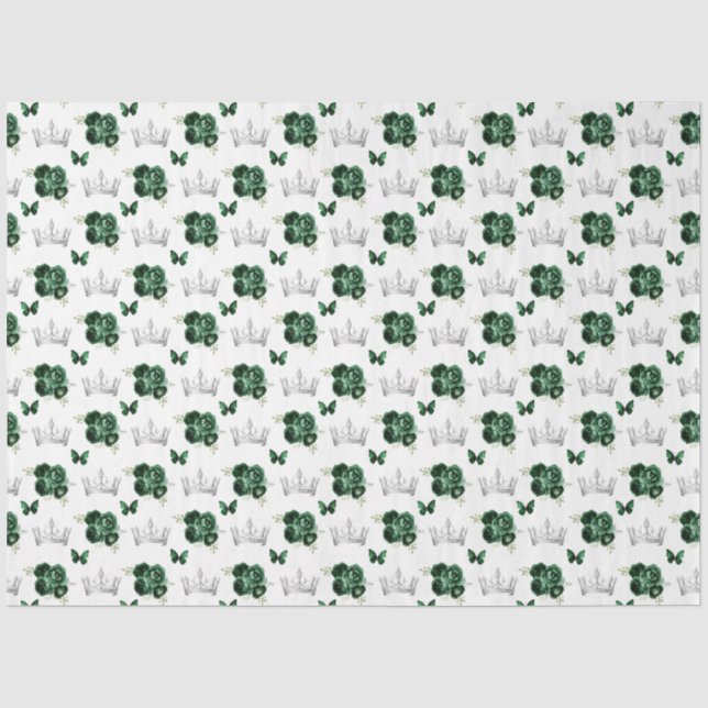 Dark Green Flowers and Silver Crowns Tissue Paper (Front)
