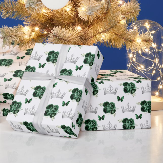 Dark Green Flowers and Silver Crowns Wrapping Paper (Holidays)