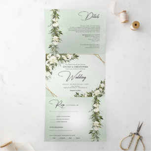 Dark green foliage olive white roses all in one Tri-Fold invitation