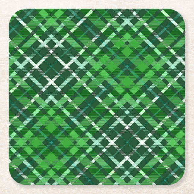 Dark Green & Forest Green Plaid Pattern Square Paper Coaster (Front)