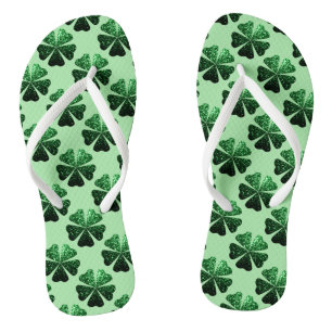 Dark Green glitter sparkle Shamrock Clover pattern Flip Flops