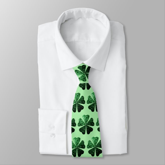 Dark Green glitter sparkle Shamrock Clover pattern Tie (Tied)