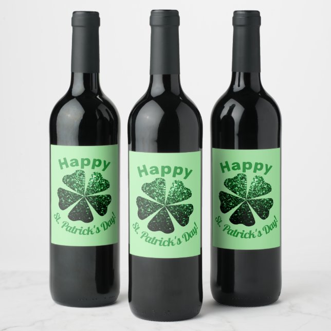 Dark Green glitter sparkle Shamrock St Patrick Day Wine Label (Bottles)