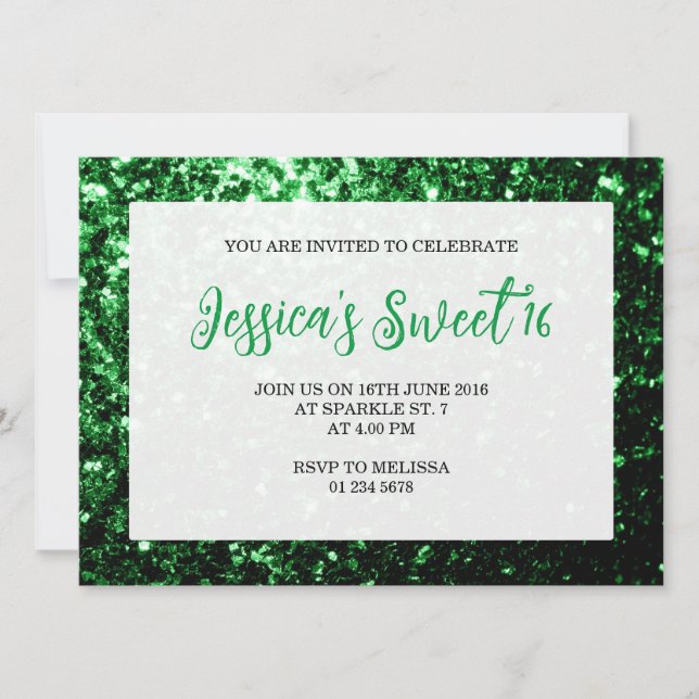 Dark green glitter sparkle Sweet 16 elegant script Invitation (Front)