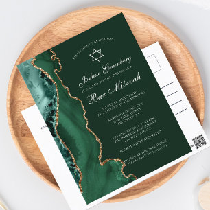 Dark Green Gold Agate Bar Mitzvah Party Invitation Postcard