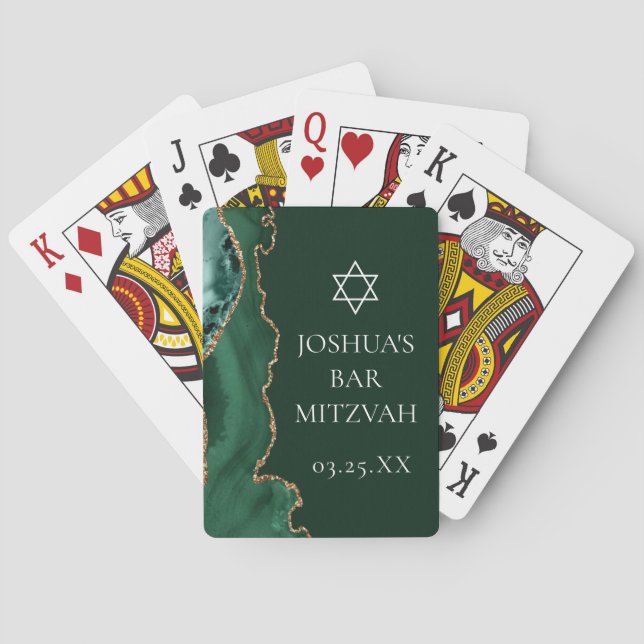 Dark Green Gold Agate Bar Mitzvah Party Playing Cards (Back)