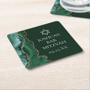 Dark Green Gold Agate Bar Mitzvah Party Square Paper Coaster