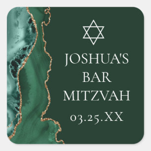 Dark Green Gold Agate Bar Mitzvah Party Square Sticker