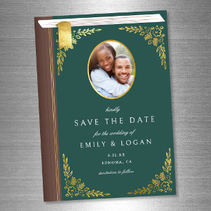 Dark Green Gold Book Wedding Save The Date Card