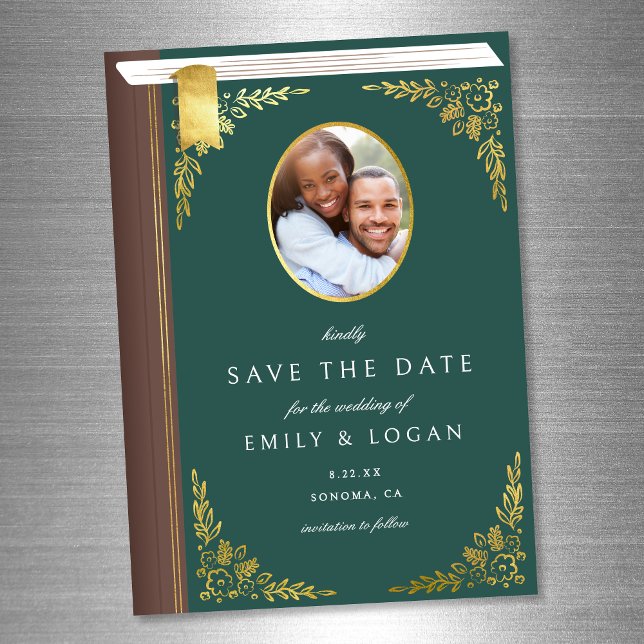 Dark Green Gold Book Wedding Save The Date Card (Creator Uploaded)