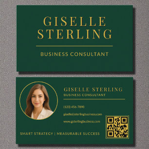 Dark Green Gold Business Consultant Photo QR Code Business Card