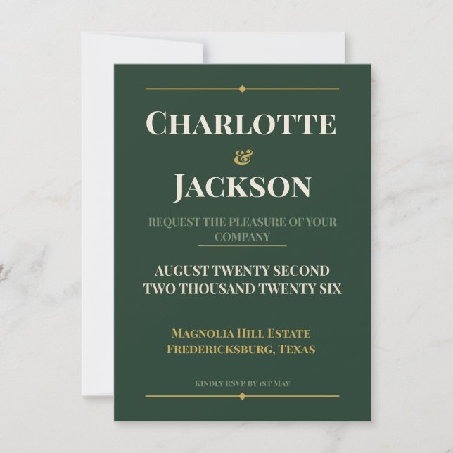 Dark Green Gold Elegant | Classic Wedding Invitation (Front)