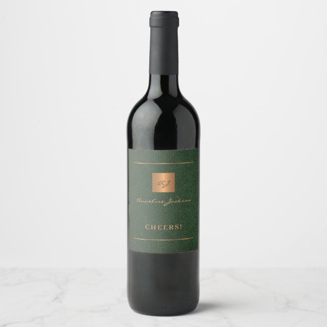 Dark green gold elegant personalised name script wine label (Front)